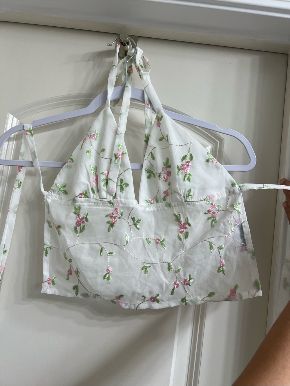 White Top with Pink and Green Floral Embroidery